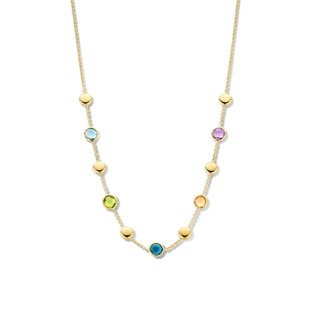 Collana in oro giallo con pietre colorate e dettagli dorati, realizzata in oro 14 carati.