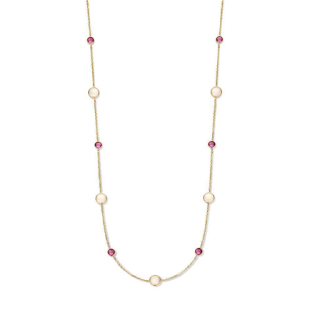 Collana in oro giallo con rubini e pietre di luna, design elegante e raffinato, 14 carati.