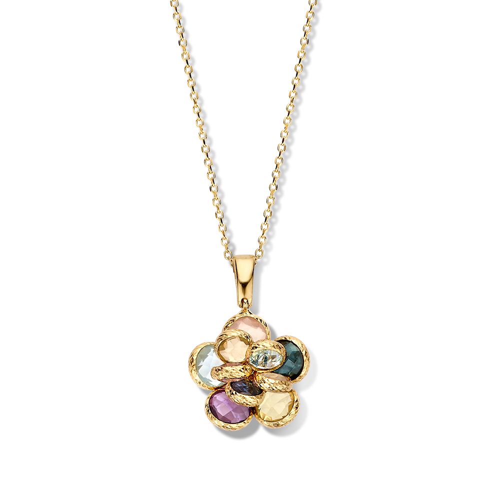 Collana in oro giallo con pendente a forma di fiore e pietre preziose multicolori.