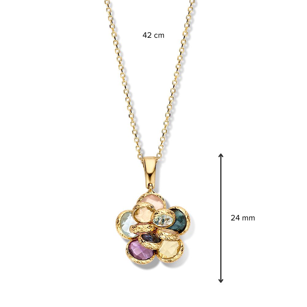 Collana in Oro Giallo con Ciondolo a Fiore e Pietre Preziose Multicolor – Oro 14 Carati