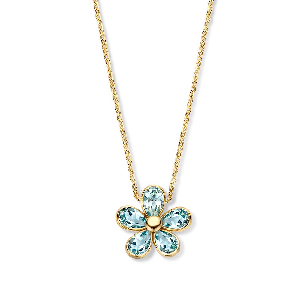 Collana in oro giallo con pendente a forma di fiore e topazio blu.