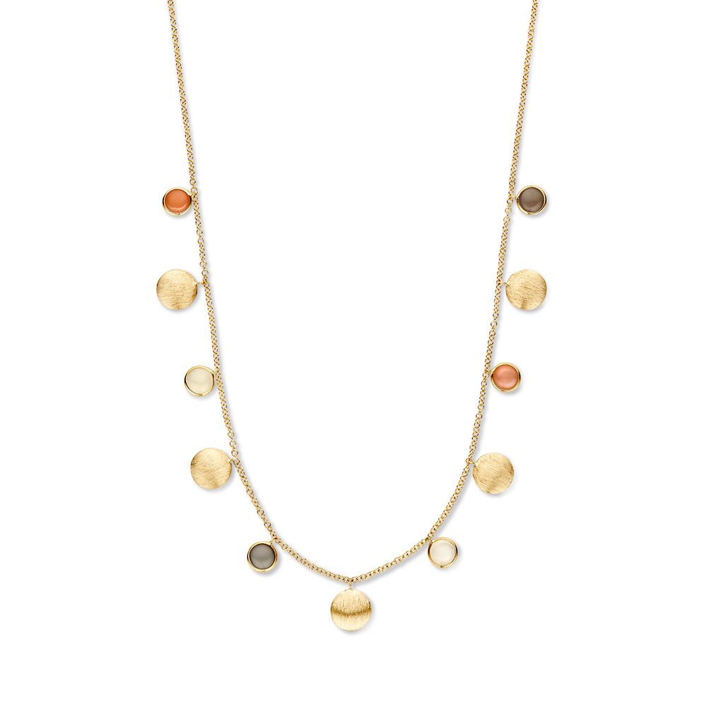 Collana in oro giallo con elementi dorati e pietre di luna multicolori.