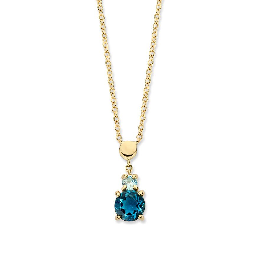 Geelgouden collier met een hanger van een grote London Blue topaas en een kleinere topaas erboven.