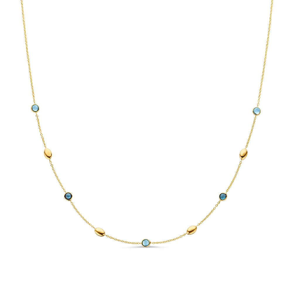 Collier van geelgoud met blauwe edelstenen, voorzien van een verfijnde schakelstructuur.