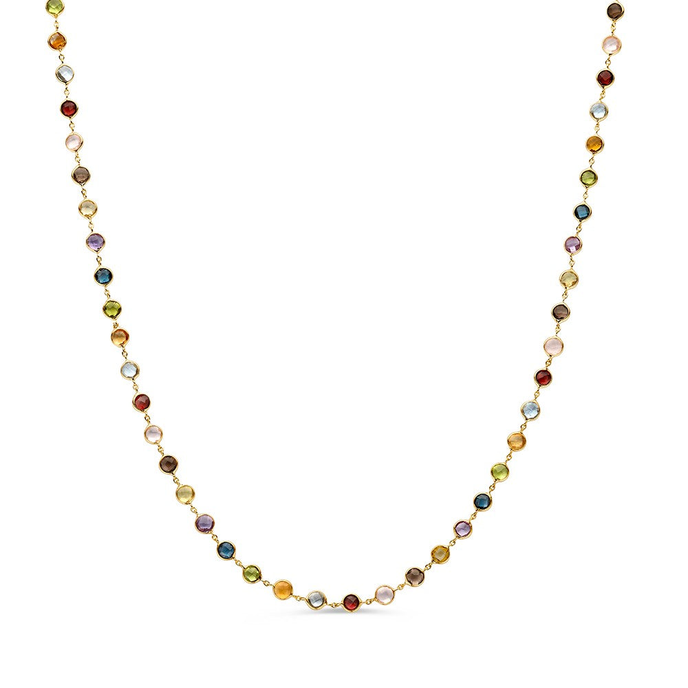 Collier van geelgoud met kleurrijke edelstenen in verschillende tinten, gelijkmatig verdeeld over de ketting.