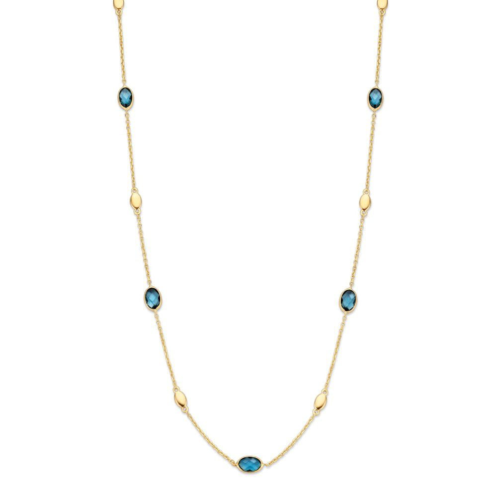 Collana in oro giallo 14 carati con topazi blu, lunghezza 45 cm, con dettagli ovali.