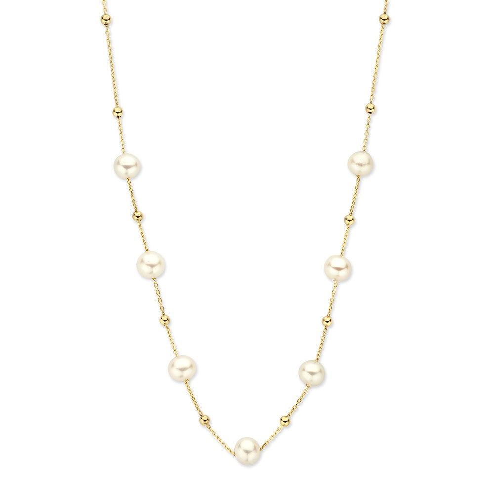 Geelgouden collier met parels, 14 karaat goud, met een tijdloos ontwerp en afwisselend parels en gouden bolletjes.
