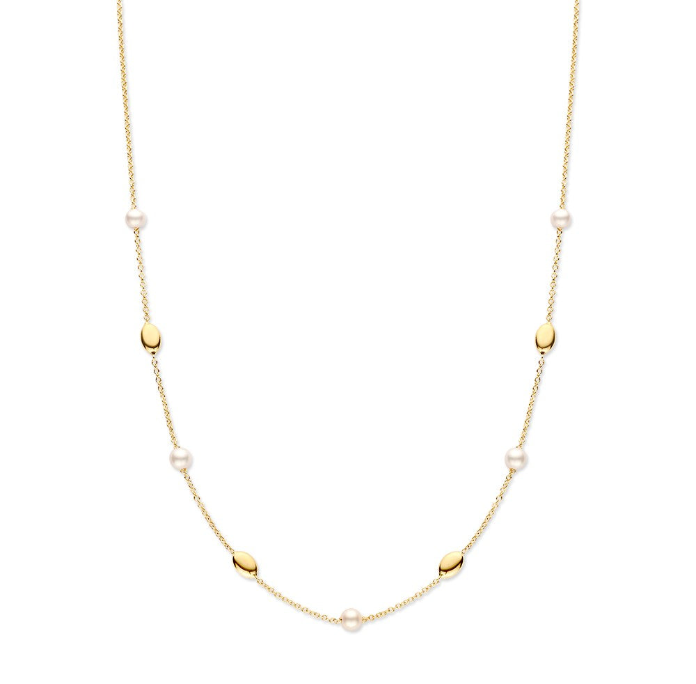 Collana in oro giallo raffinata con perle e elementi dorati, realizzata in oro 14 carati.