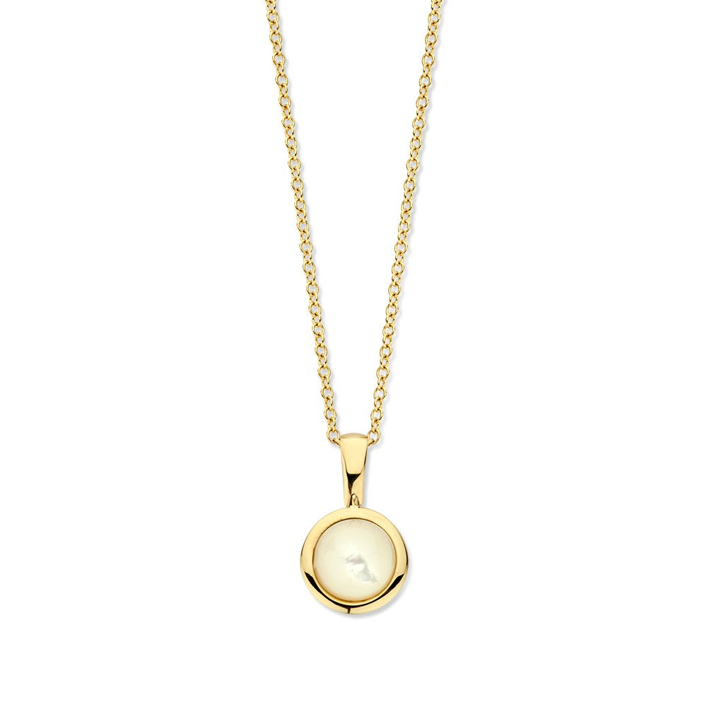Geelgouden collier met ankerschakels en een cabochon geslepen parelmoer hanger.