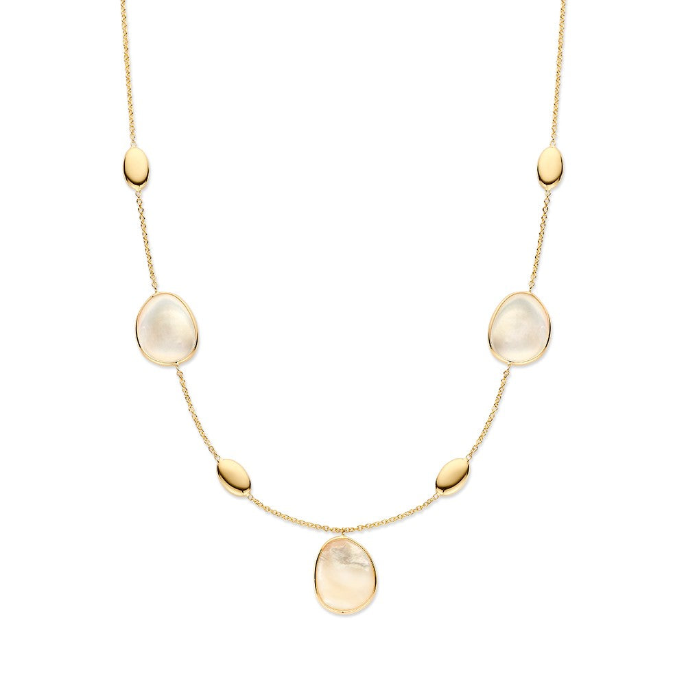 Geelgouden collier met gouden en parelmoer elementen, voorzien van ovale en ronde schakels.