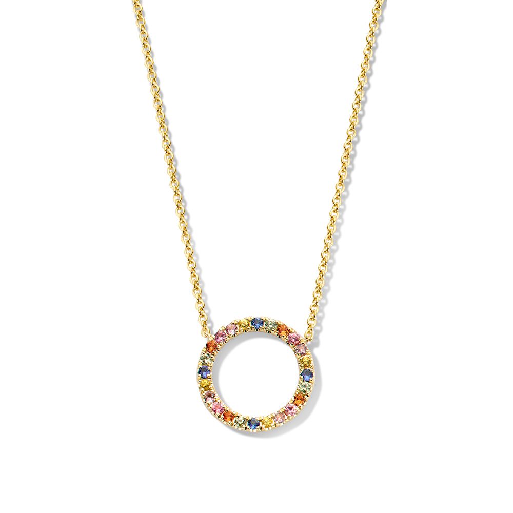 Collana in oro giallo con pendente rotondo e zaffiri arcobaleno.