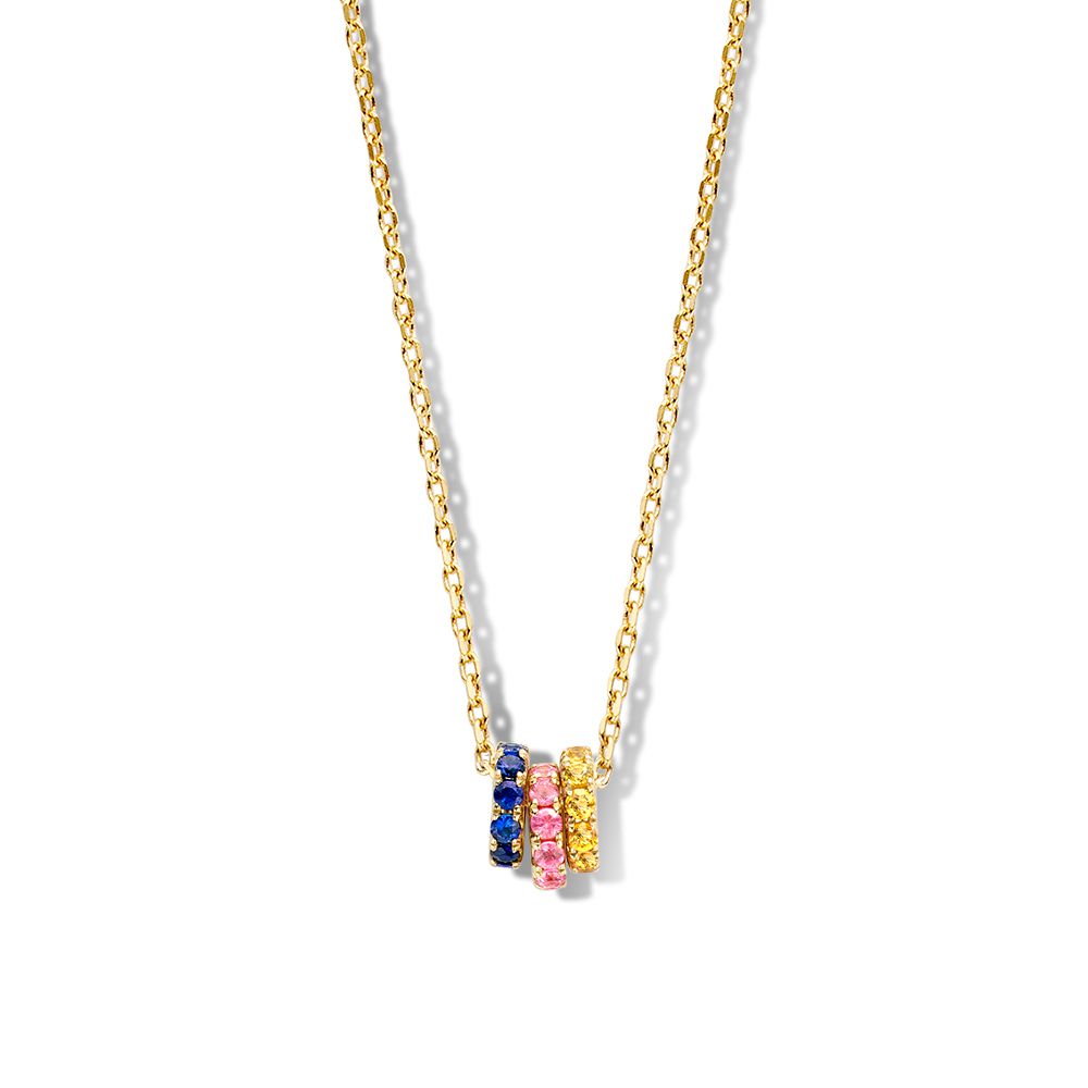 Collana in oro giallo con tre pendenti dorati e zaffiri colorati in sfumature.