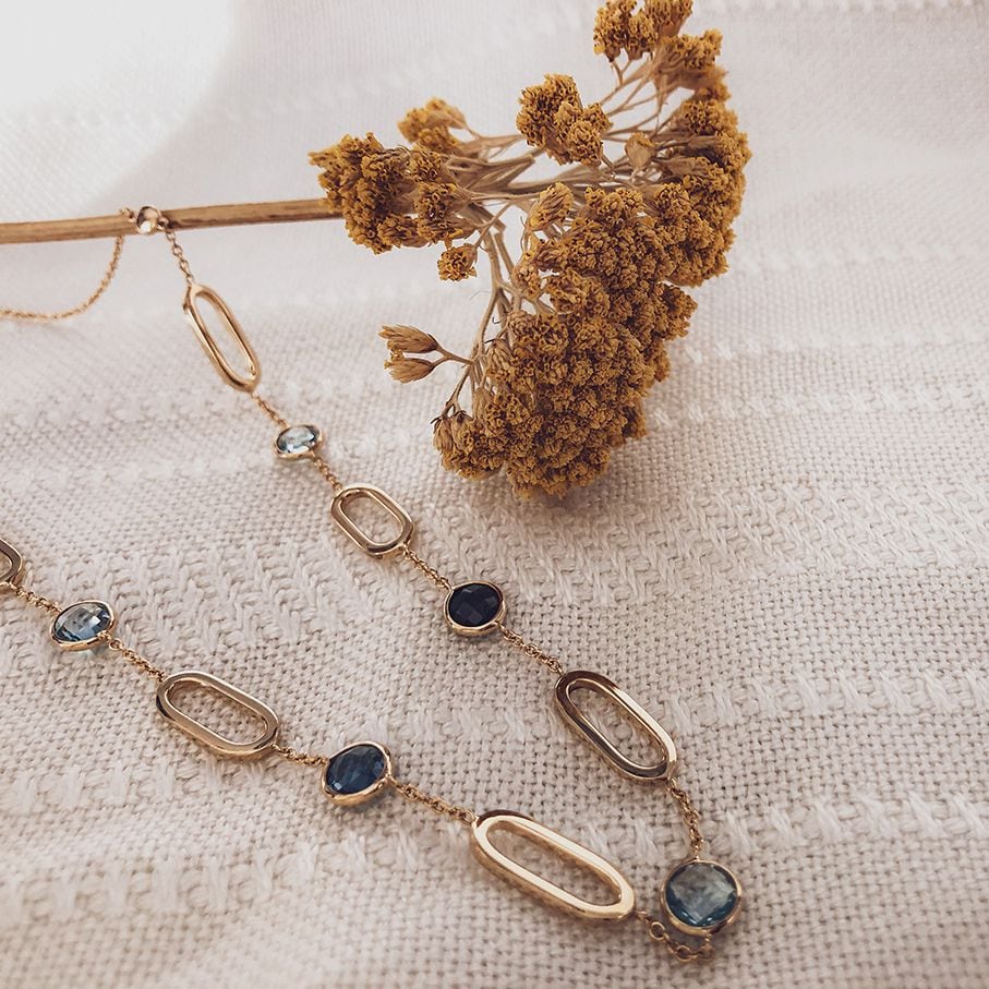 Collana in oro giallo con maglie ovali e topazio blu & topazio London Blue - 14 carati