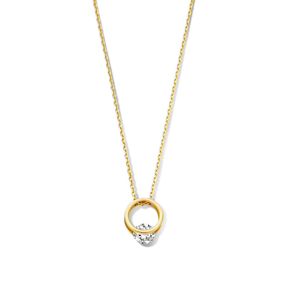 Collana in oro giallo con pendente giocoso e zirconia, realizzata in oro 14 carati.