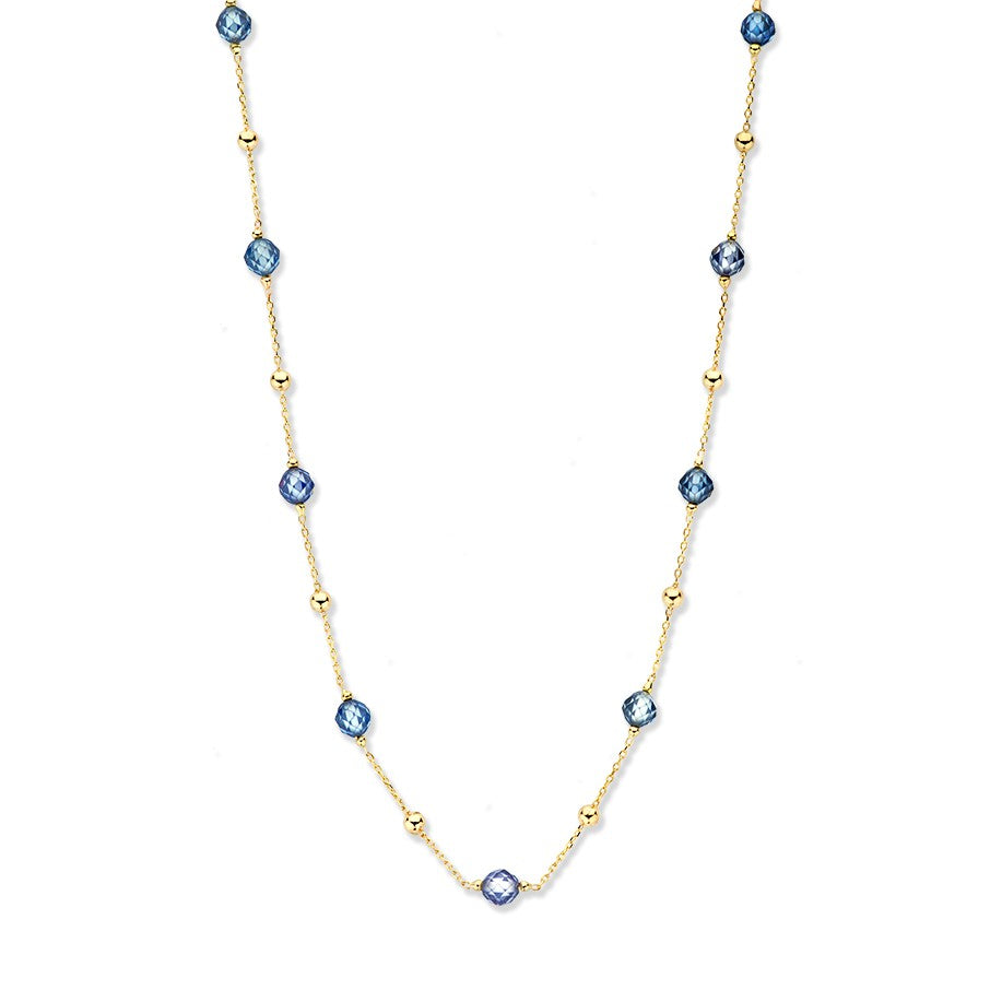 Geelgouden collier met afwisselend gouden en blauwe zirkonia bolletjes in een verfijnde schakeling.
