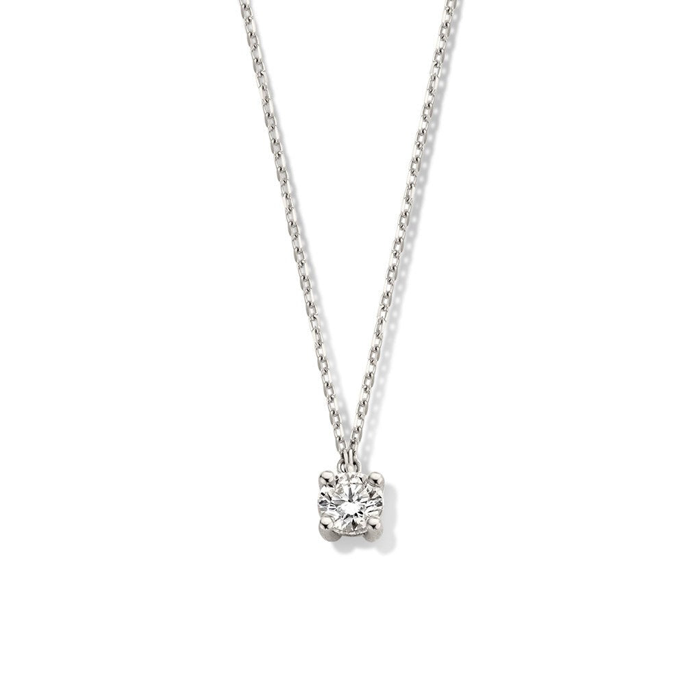 Collana in oro bianco con pendente quadrato e diamante da 0,30 carati.