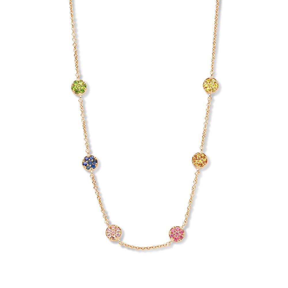 Collana in oro rosa con zaffiri multicolori, composta da sette elementi rotondi.