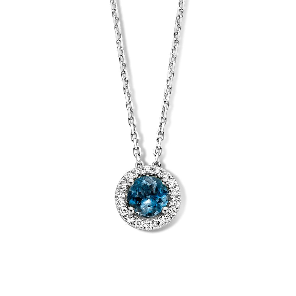 Collana in oro bianco con topazio blu di Londra e diamanti, pendente rotondo.