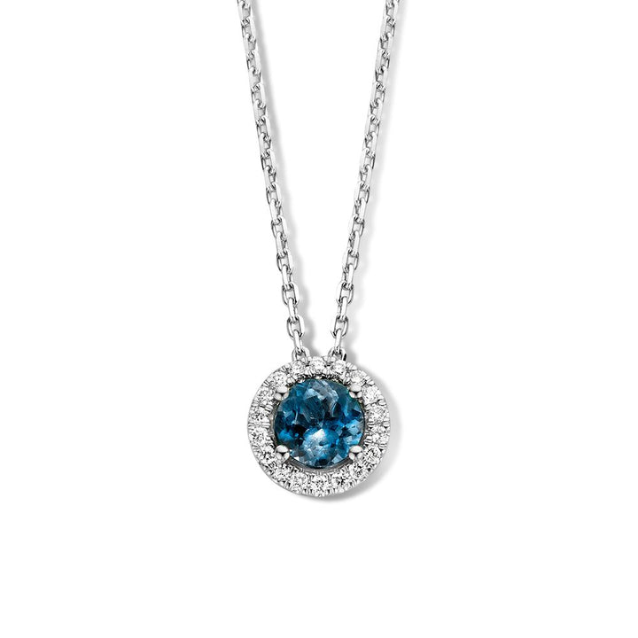 Schitterend witgouden collier met London blue topaas en diamanten - 14 karaat