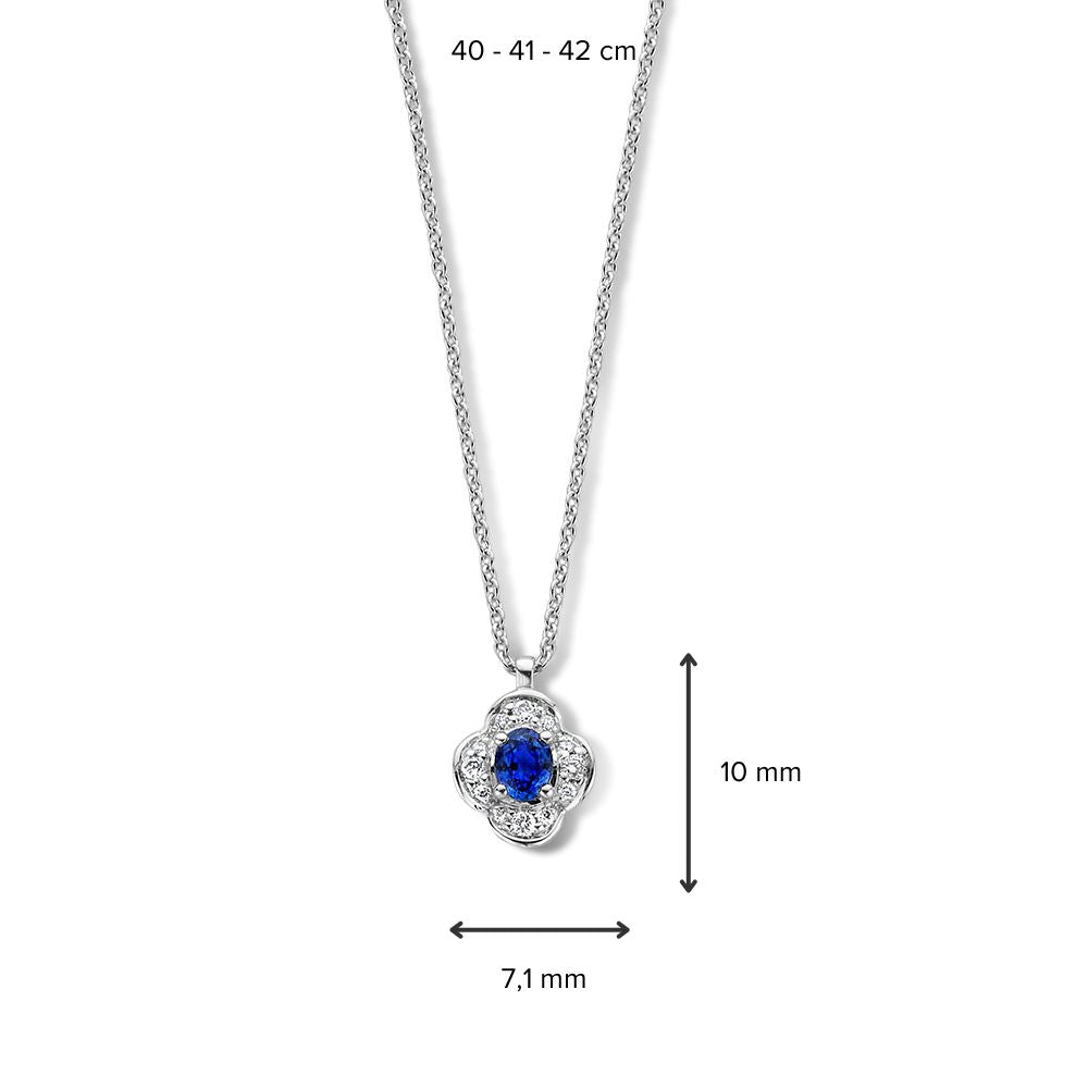 Collana in oro bianco con ciondolo a fiore, zaffiro blu e diamante - 14 carati