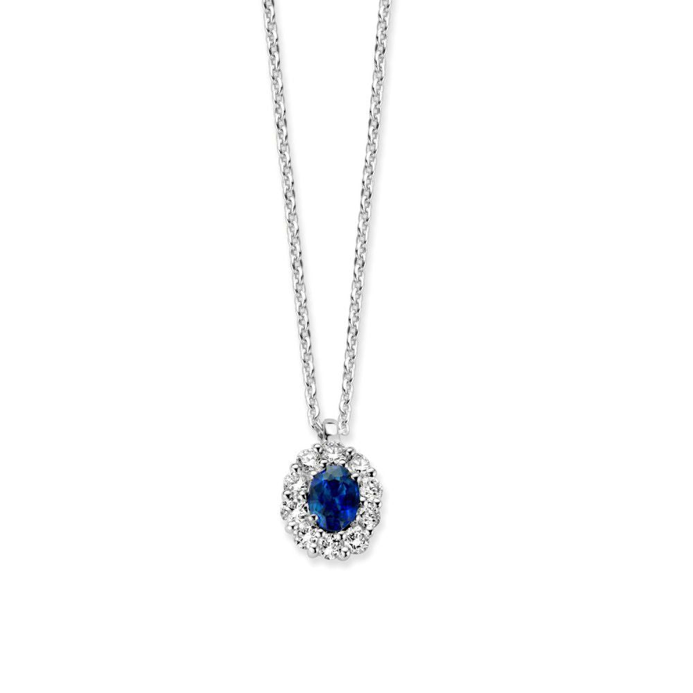 Collana in oro bianco con zaffiro blu e diamanti, 14 carati.