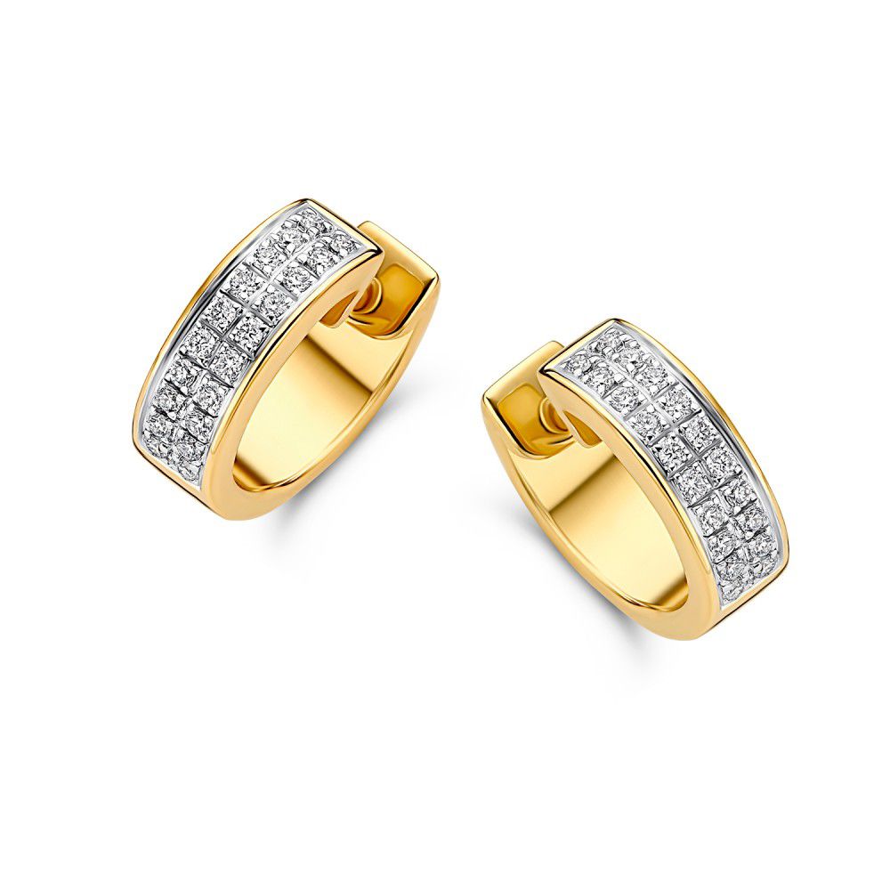 Orecchini alla creola bicolore in oro bianco e giallo con diamanti, 14 carati, 0,31 carati di brillanti.
