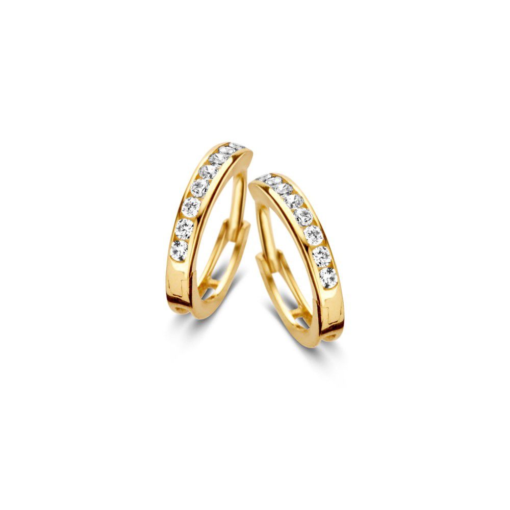 Orecchini in oro giallo con zircone, dalla forma curva e con una fila di pietre brillanti.