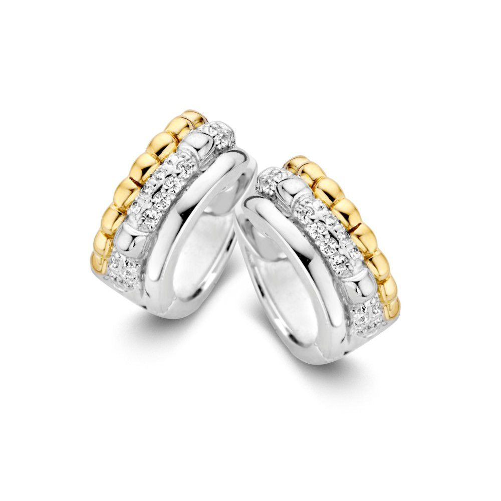 Orecchini in argento e oro 14 carati con zirconi, forma rotonda, 9 mm di diametro.