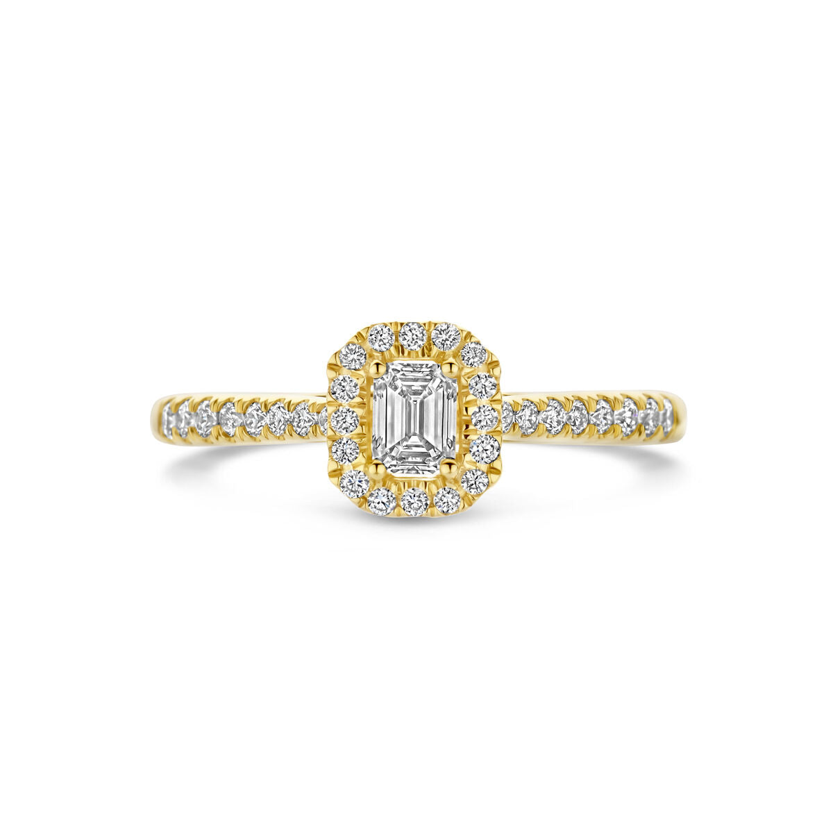 De Van der Kooij Collectie ring lab grown diamant 0.48ct H SI in 14K geelgoud heeft een elegante centrale diamant, omringd door een halo van kleine diamanten en extra diamanten op de band.
