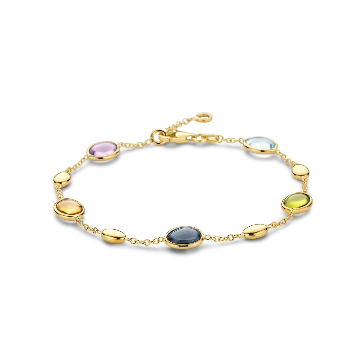 Bracciale in oro 14K con pietre naturali colorate, forma ovale e dettagli lucidi.