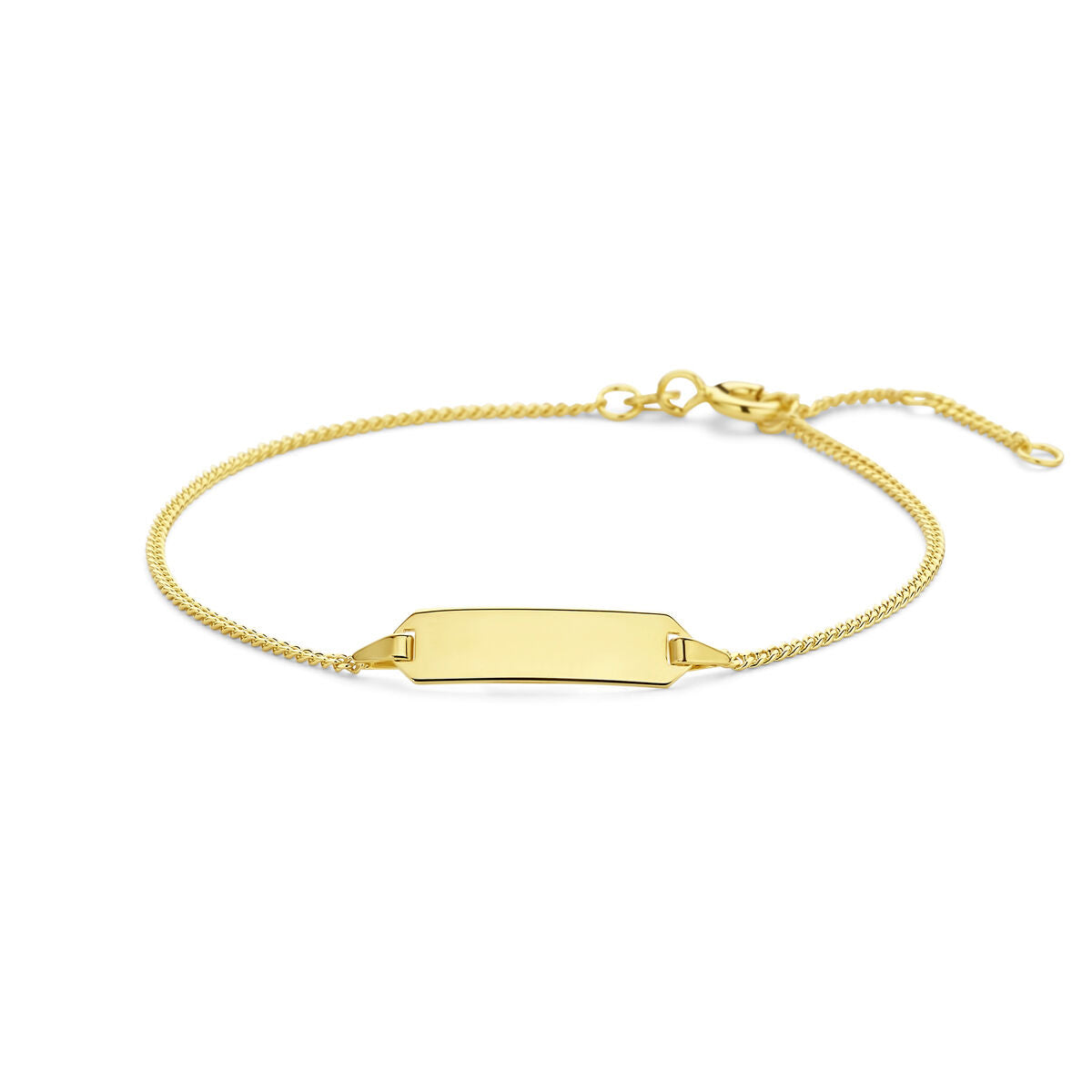Bracciale in oro giallo 14K con placca rettangolare liscia e catena a maglia rolò.
