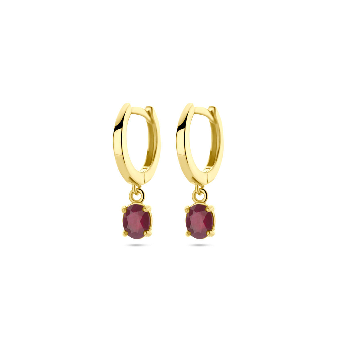 Orecchini alla creola in oro giallo 14K con pendente di rubino.