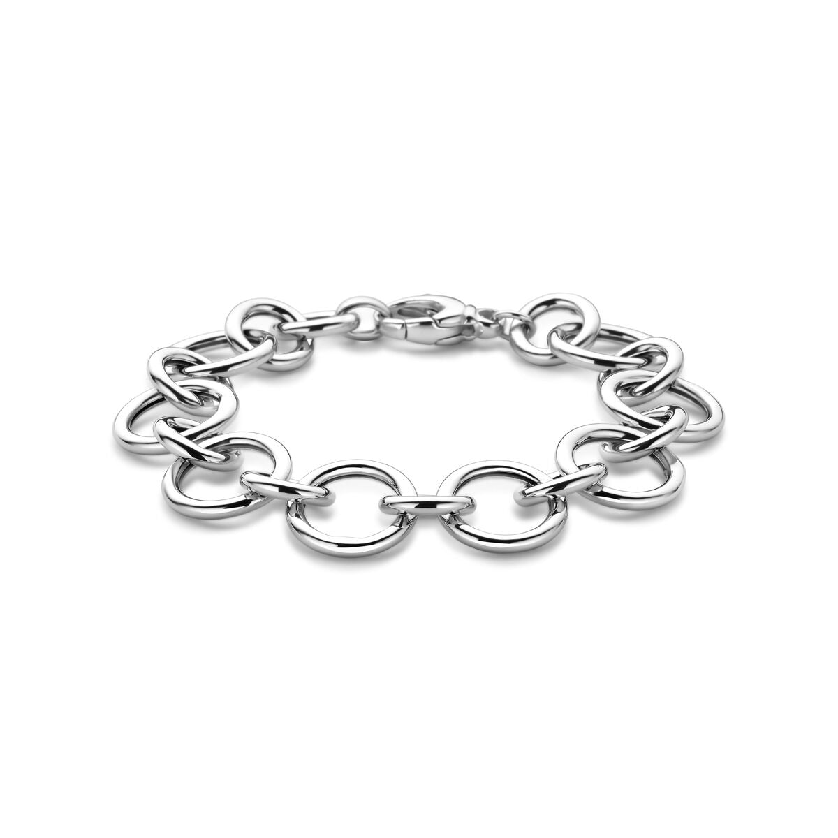 Bracciale in argento rodiato con maglie rotonde, lunghezza 20 cm e larghezza 17 mm.