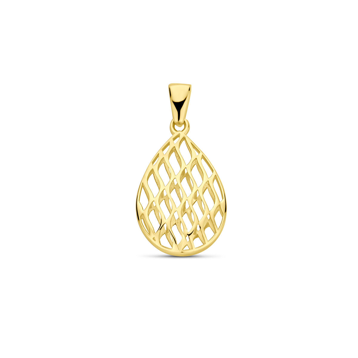 Ciondolo in oro giallo 14k a forma di goccia con motivo intrecciato, dimensioni 24x12mm.