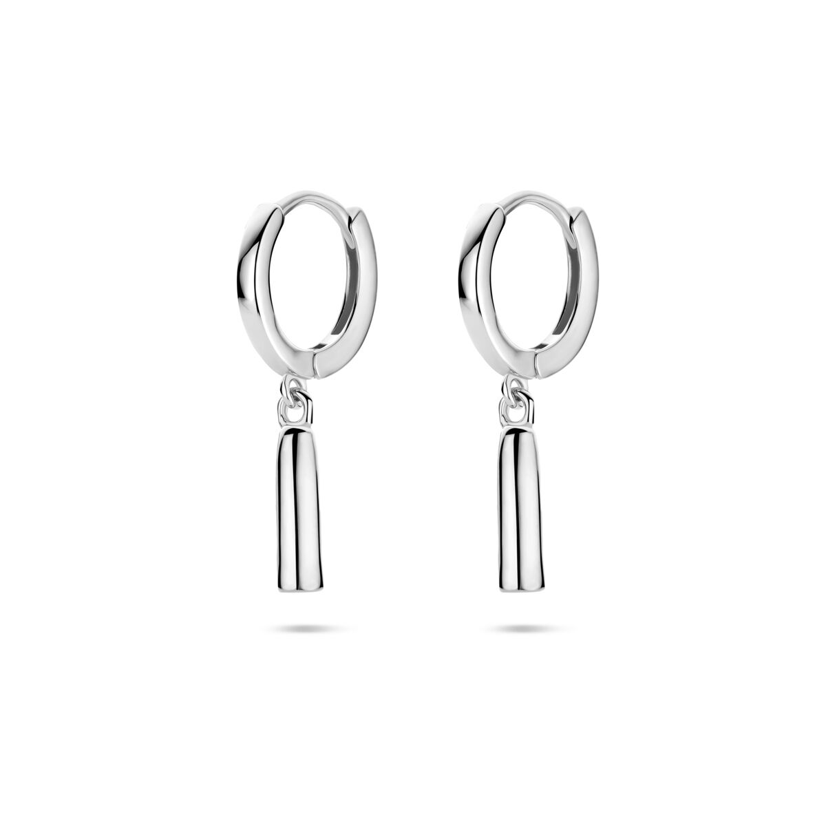 Orecchini alla creola in argento 925 rodiato con pendente cilindrico.