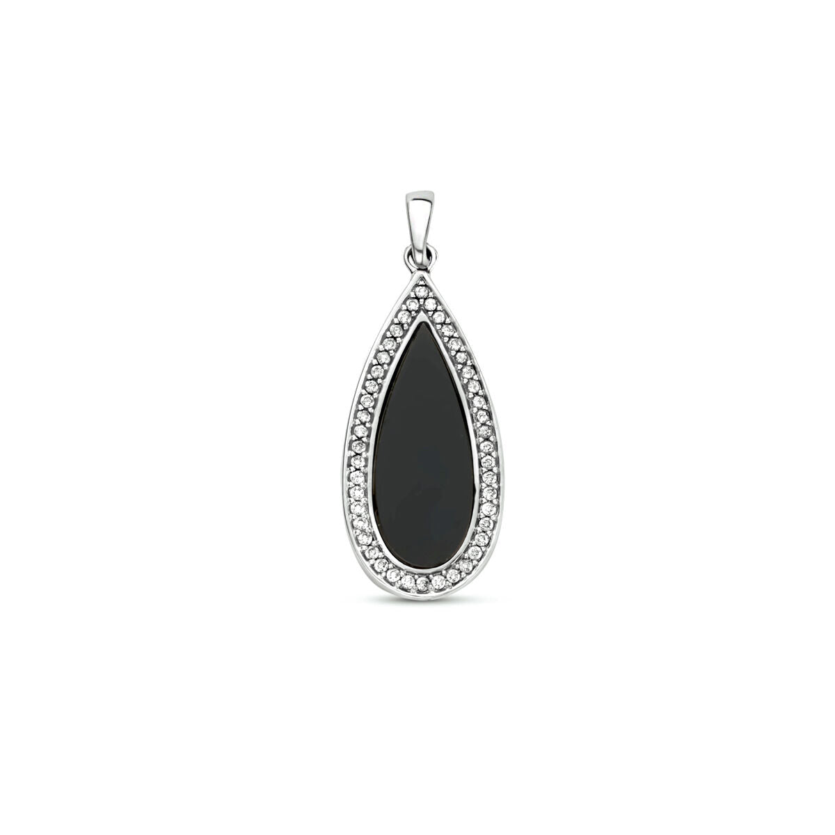Ciondolo in argento rodiato a forma di goccia con onice nero e zirconi.