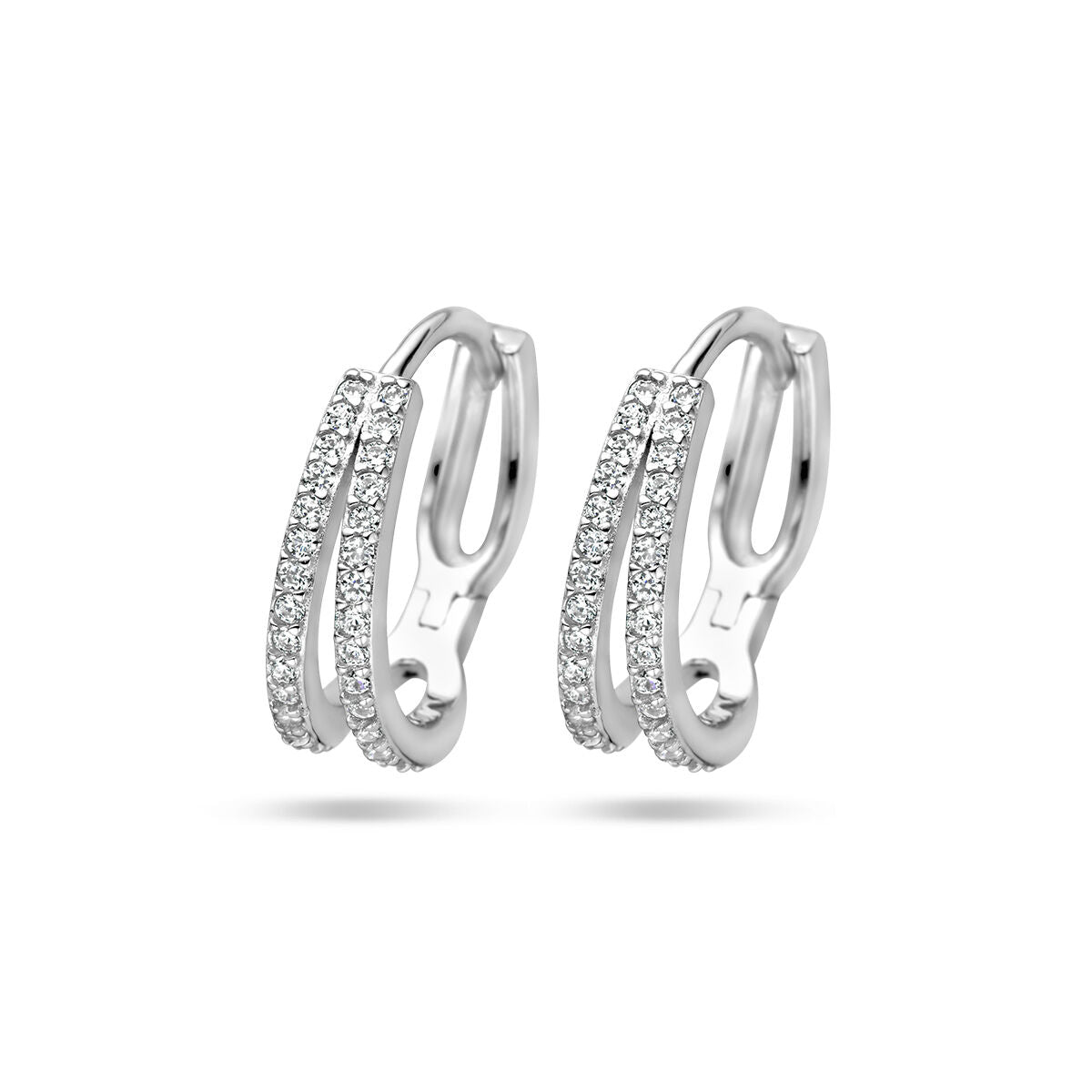 Orecchini alla creola in argento rodiato con zircone, design a doppia fascia.