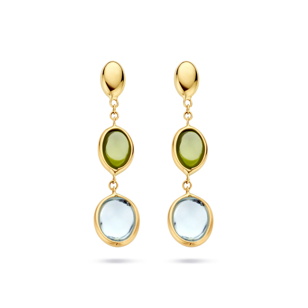 Orecchini in oro giallo 14K con topazio blu e peridoto, forma ovale e pendente.