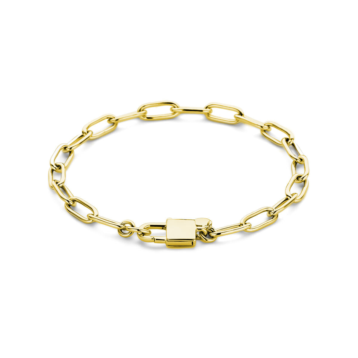 Bracciale in argento dorato con maglie a forma di clip e chiusura a lucchetto, lungo 18 cm.