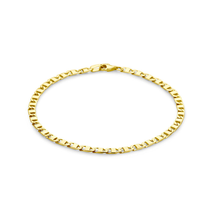 De armband 3,5 mm 14K geelgoud van Van der Kooij Collectie heeft platte rechthoekige ankerschakels en een kleine karabijnsluiting, afgebeeld op een witte achtergrond.