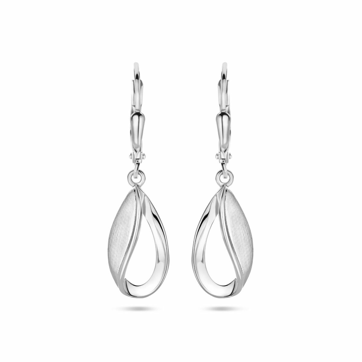 Orecchini pendenti a goccia in argento rodiato, finitura lucida e opaca, lunghezza 33 mm.