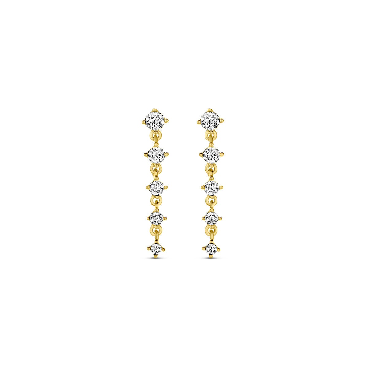Orecchini in oro giallo 14K con zircone, lunghi 19 mm, con una fila di pietre brillanti.