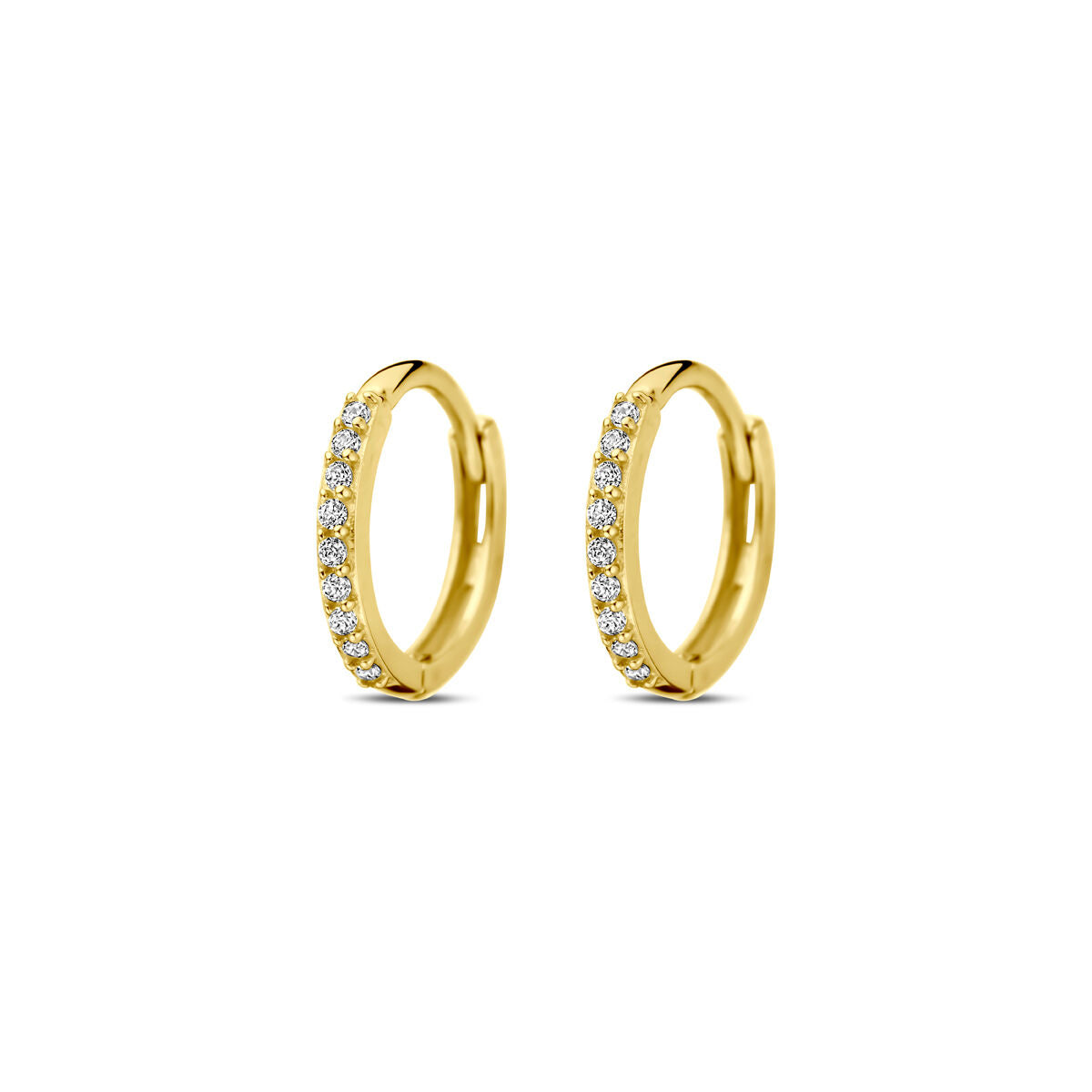 Orecchini alla creola in oro giallo 14K con zircone, diametro di 10 mm.