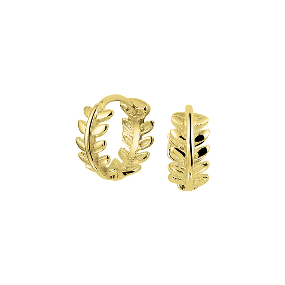 Klapoorringen van verguld zilver met een bladmotief en een glanzende afwerking.
