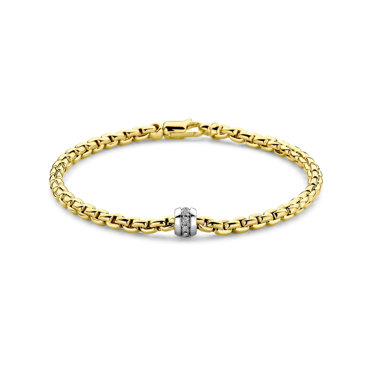 Bracciale in oro giallo 14K con diamante centrale da 0,12 ct, lunghezza 19 cm.
