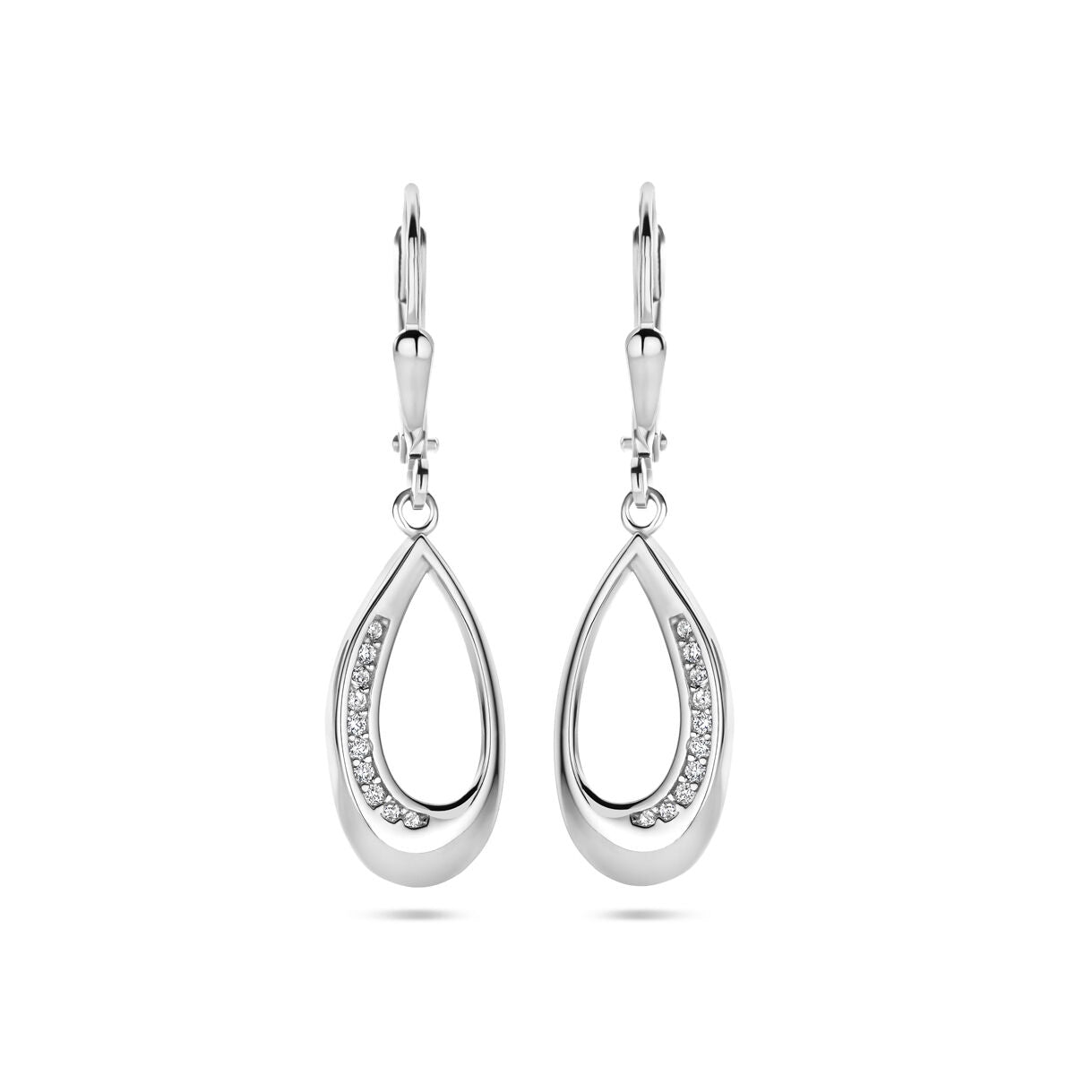 Orecchini pendenti a goccia in argento rodiato con zircone, lunghezza 34 mm.