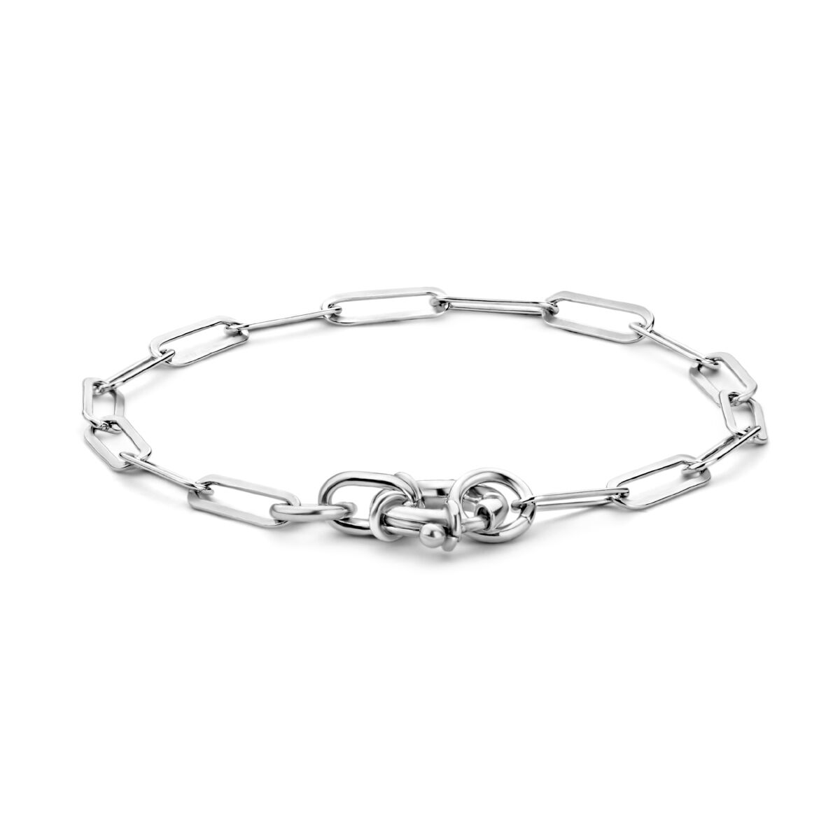 Bracciale in argento rodiato con maglie a forma di clip di carta e chiusura a molla grande, lunghezza 17 cm.