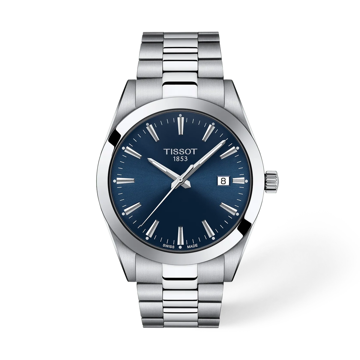 Orologio Tissot Gentleman con cassa in acciaio inox, quadrante blu e bracciale a maglia rolò.