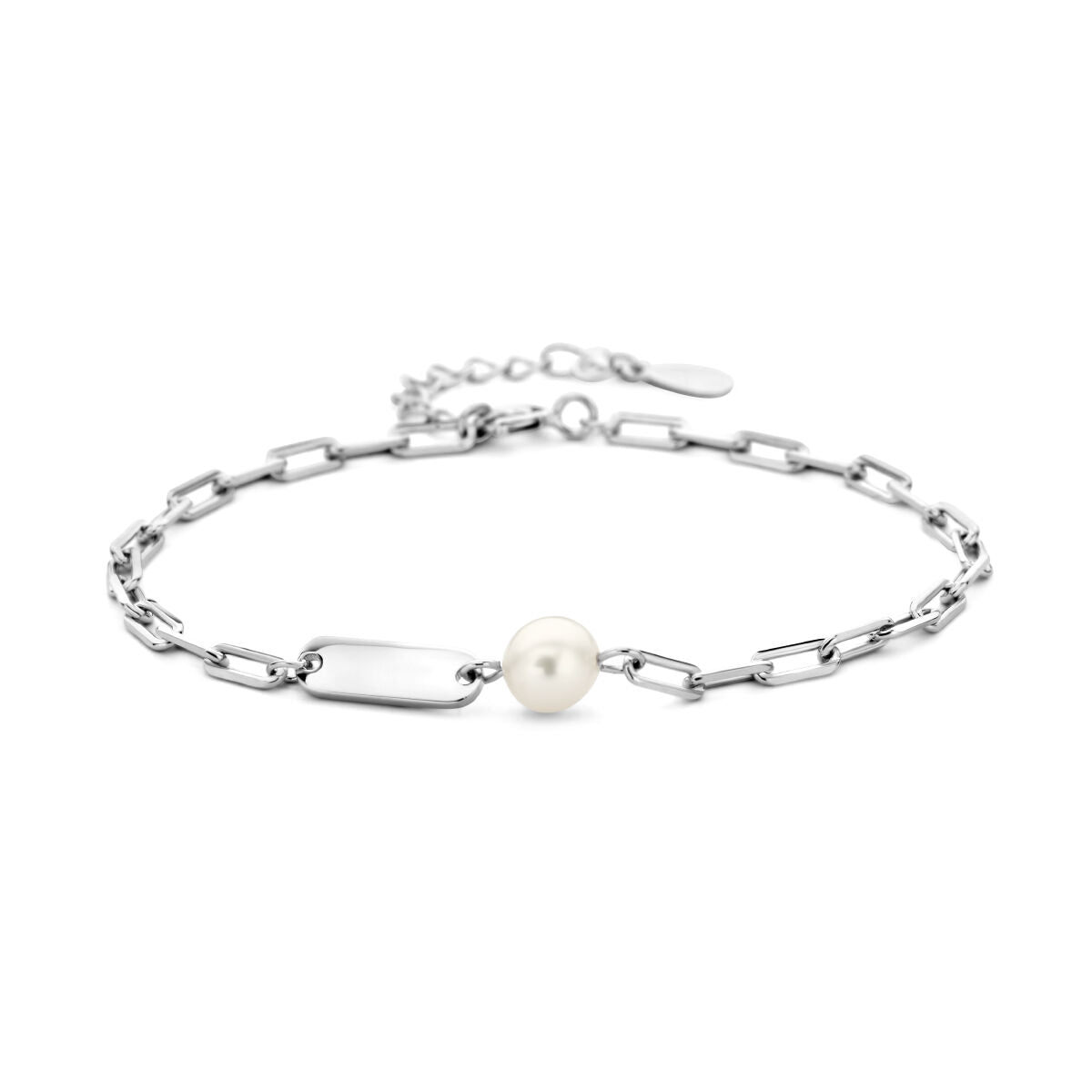 Bracciale in argento rodiato con placca rettangolare e perla, catena maglia rolò.
