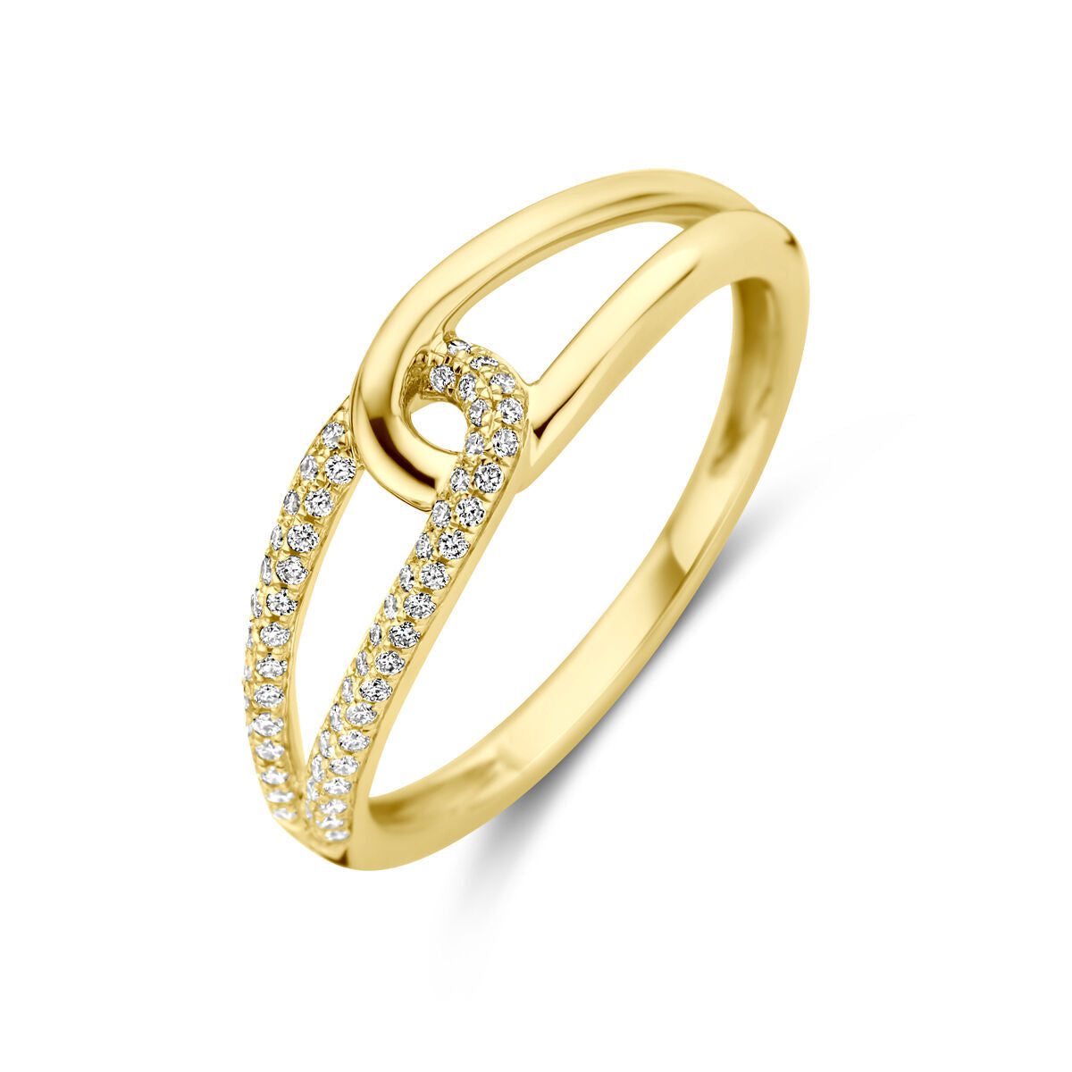 Anello in oro giallo 14K con diamanti da 0,14 ct, design intrecciato.